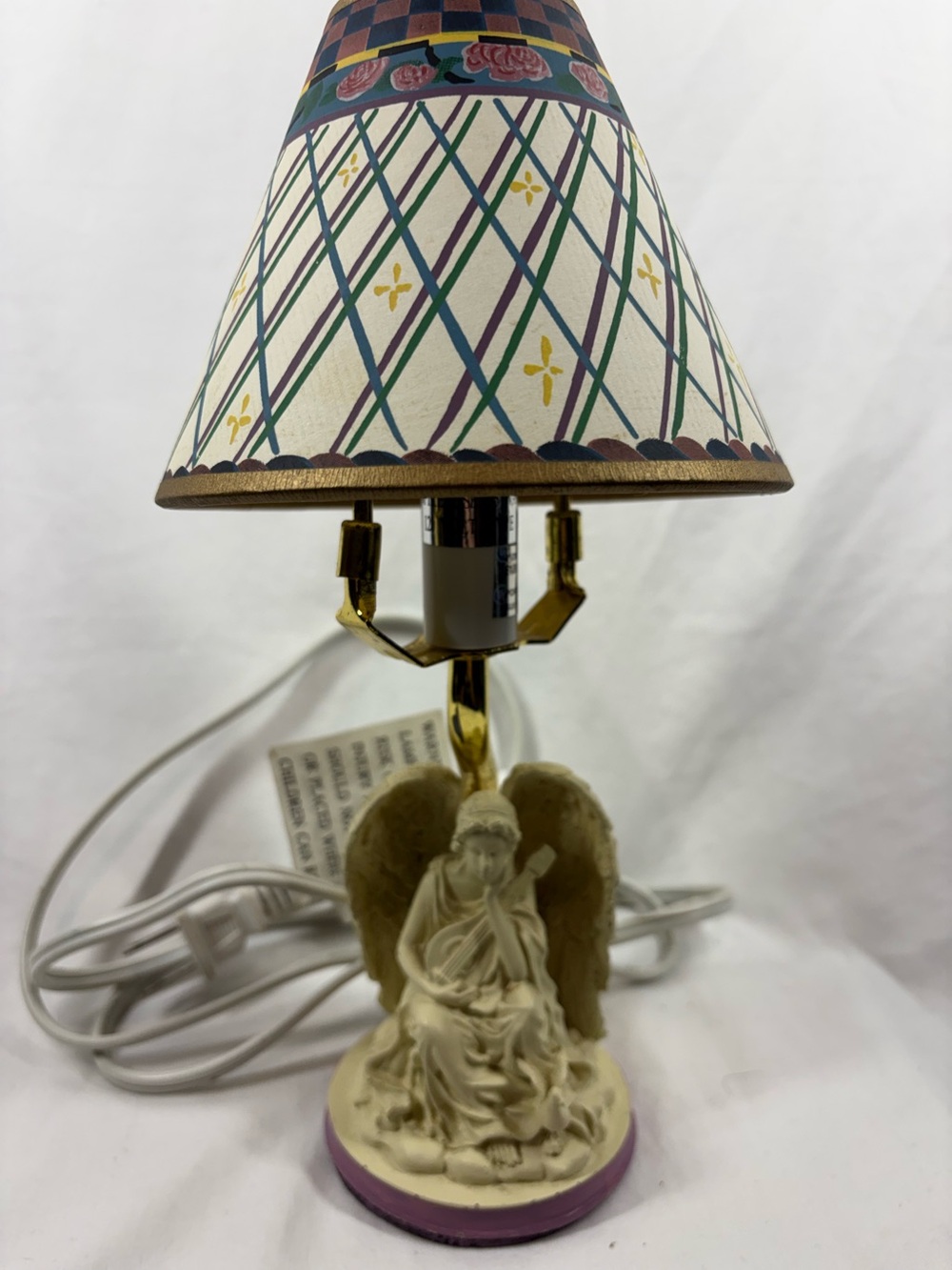 Vintage Angel Cherub Table Lamp Musician Figural Lamp Hand Painted Style Shade